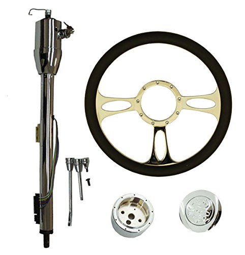 14" Chrome Billet 9 Hole Steering Wheel &Manual Style Steering Column 32" GM With Key&Aluminum Horn Button