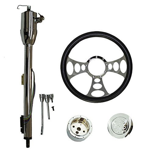 14" Chrome Nine Hole Steering Wheel & Manual Style Steering Column 32" GM With Key&Horn Button