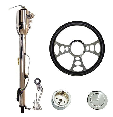 14" Chrome Nine Hole Steering Wheel & Automatic Style Steering Column 32" GM With Key&Horn Button