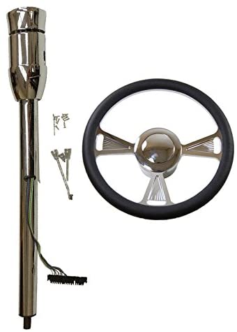 14" Chrome Nine Hole Steering Wheel and Manual Style Steering Column 28" GM No Key & Smooth Horn Button