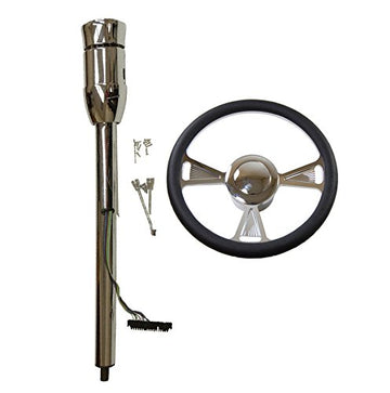 14" Chrome Nine Hole Steering Wheel and Manual Style Steering Column 28" GM No Key & Smooth Horn Button