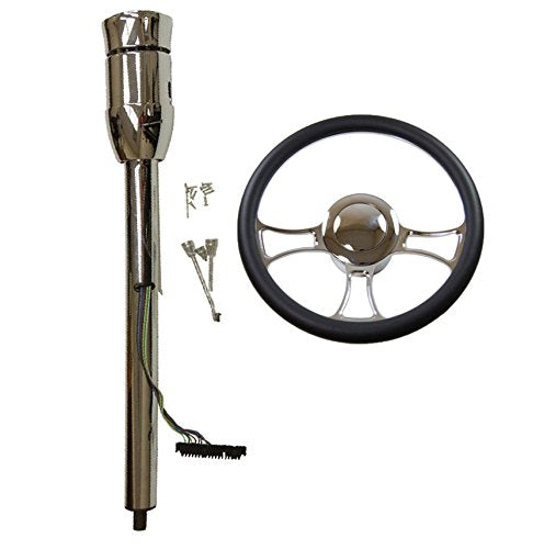 14" Chrome Steering Wheel &Manual Steering Column 28" GM No Key&Horn Button