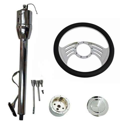 14" Gaap Billet Black Leather Wrap Steering Wheel and Manual Style Steering Column 28" GM No Key & Smooth Horn Button