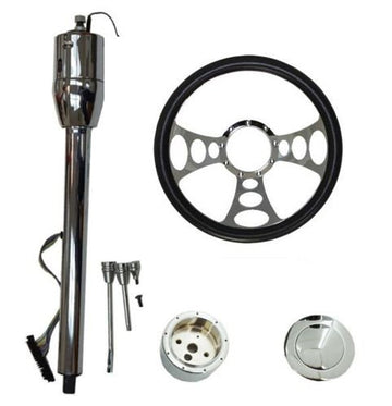 14" Chrome Nine Hole Steering Wheel & Manual Steering Column 30" GM No Key & Smooth Horn Button