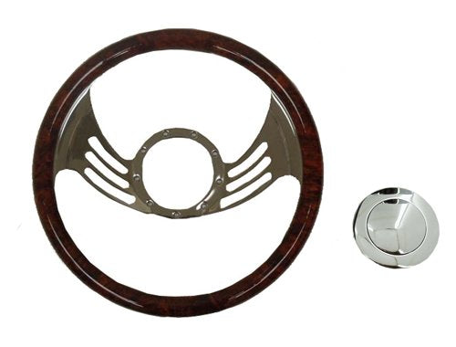 14" Gaap Billet Steering Wheel Simulated Cherry Wood Wrap With Smooth Horn Button