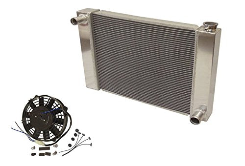 Fabricated Aluminum Radiator 30" x 19" x3" Overall For SBC BBC Chevy GM & Electric 9" straight blade reversible cooling radiator fan