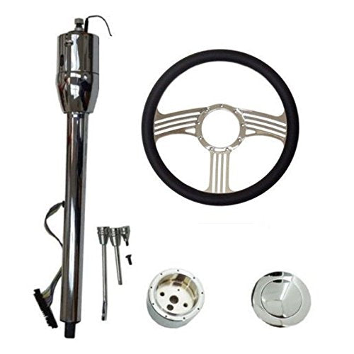 14" Blade Chrome Universal Style Steering Wheel & Manual Steering Column 28" GM No Key&Horn Button
