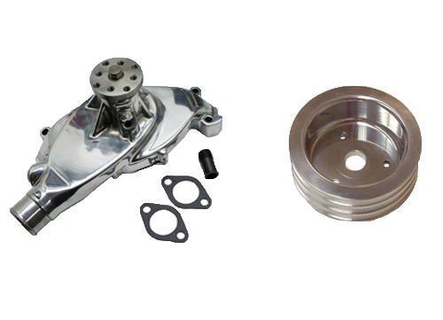 BBC Chevy 396 427 454 Short Chrome Aluminum Water Pump High Volume & Triple Groove Polished Crank Pulley
