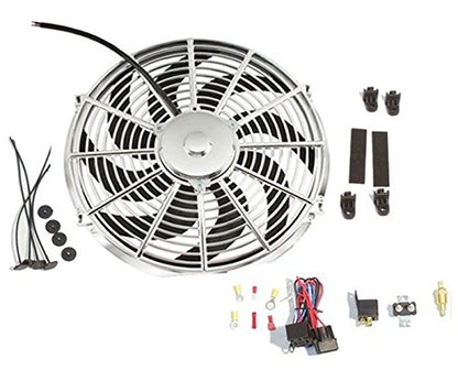 Chrome SUPER 14" Curved Blade Reversible Cooling Fan 12v 1900cfm &Thermostat Kit
