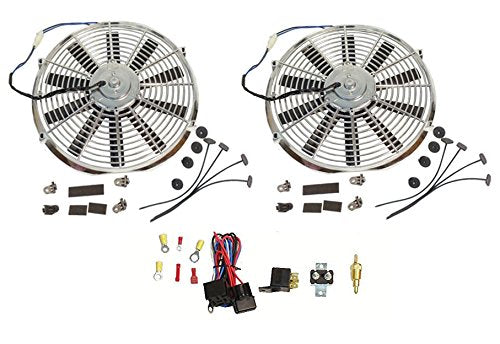 2 Sets Super Electric 12" chrome Straight Blade Reversible Cooling Fan 1400 CFM 12v with Thermostat Kit