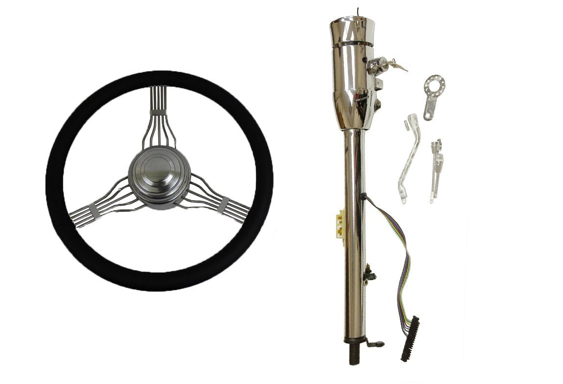 14" Chrome Full Wrap Leather Banjo Steering Wheel and Chrome Tilt Auto Automatic Style Steering Column 28" GM With Key
