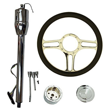 14" Chrome Billet (9 Hole) Steering Wheel & Manual Steering Column 32" GM No Key & Horn Button