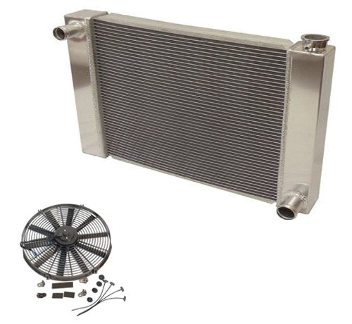 Fabricated Aluminum Radiator 30" x 19" x3" Overall For SBC BBC Chevy GM & 14" Straight Blade Reversible Cooling Fan