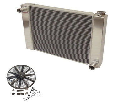 Fabricated Aluminum Radiator 24" x 19" x 3" Overall For SBC BBC Chevy GM&14" Straight Blade Reversible Cooling Fan