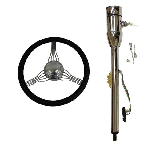 14" Chrome Full Wrap Leather Banjo Steering Wheel and Hot Rod Chrome Tilt Manual Style Steering Column 32" GM with Key