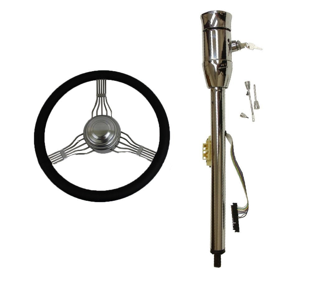 14" Chrome Full Wrap Leather Banjo Steering Wheel and Chrome Tilt Manual Style Steering Column28" GM with Key