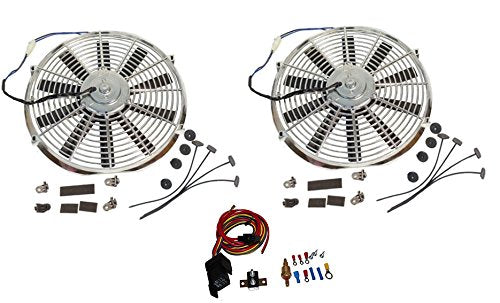 2 Sets Super Electric 12" chrome Straight Blade Reversible Cooling Fan 1400 CFM 12v with Heavy Duty Thermostat Kit