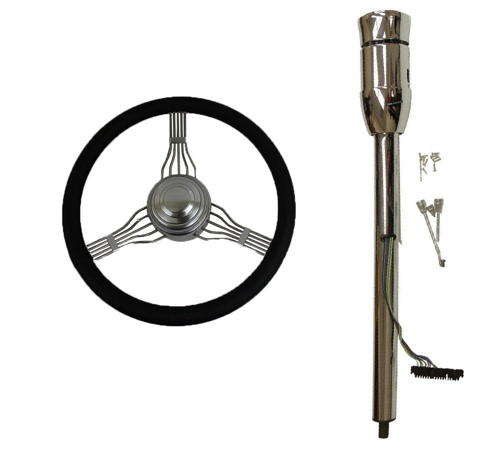 14" Chrome Full Wrap Leather Banjo Steering Wheel and Chrome Tilt Manual style Steering Column 28" GM No Key