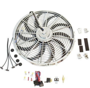 New Chrome 16" Reversable Electric Radiator Cooling Fan 2500cfm &Thermostat Kit