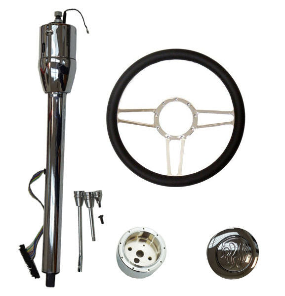 14" Chrome Spear Steering Wheel and Manual Style Steering Column 28" GM No Key & Horn Button w/ Flame