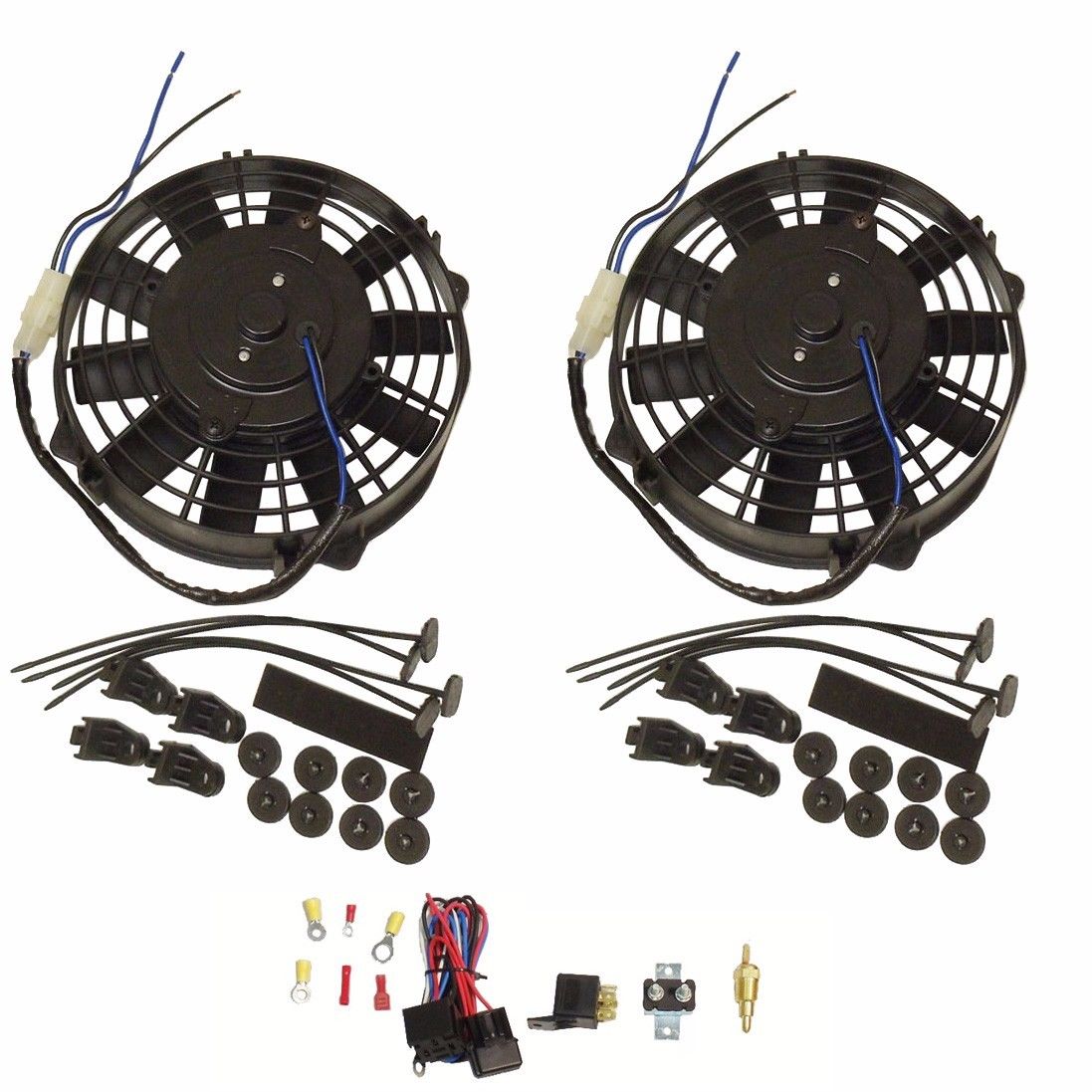 Dual 8" Heavy Duty Straight Blade Electric Radiator Cooling Fans &Thermotat Kit