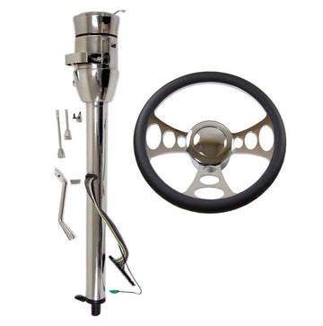 14" Chrome Billet Nine Hole Steering Wheel & Auto Column 28"GM No Key with Adapter & Horn Button