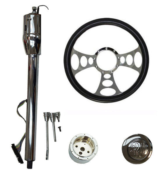 14" Chrome Nine Hole Steering Wheel and Manual Style Steering Column 28" GM No Key & Horn Button w/ Flame