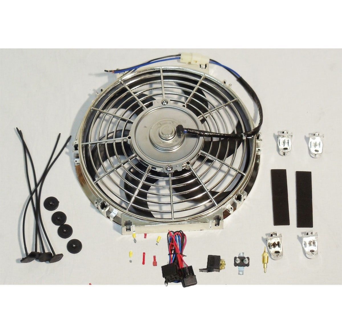 Electric 10" Chrome Curved Blade Cooling Fan 12V 80W 850CFM & Thermostat Kit