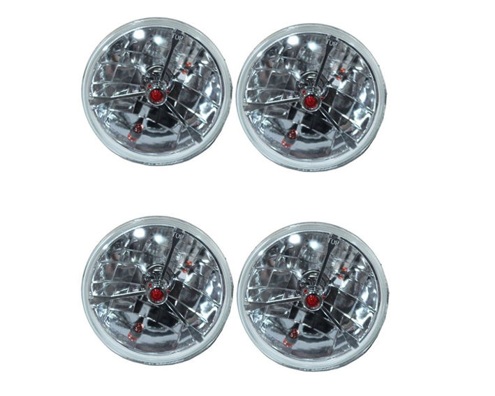 2 Pairs 7" Red Dot Tri bar H4 Headlights With Turn Signal Push in Bulb lamps