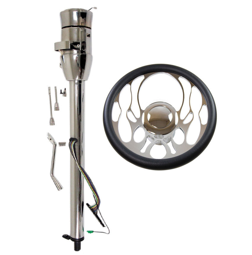 14" Chrome Ripple Style Billet Steering Wheel & Auto Column 28"GM No Key with Adapter & Horn Button