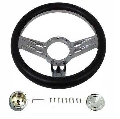 14" Billet Chrome Steering Wheel with Leather, adapter, Smooth horn Button