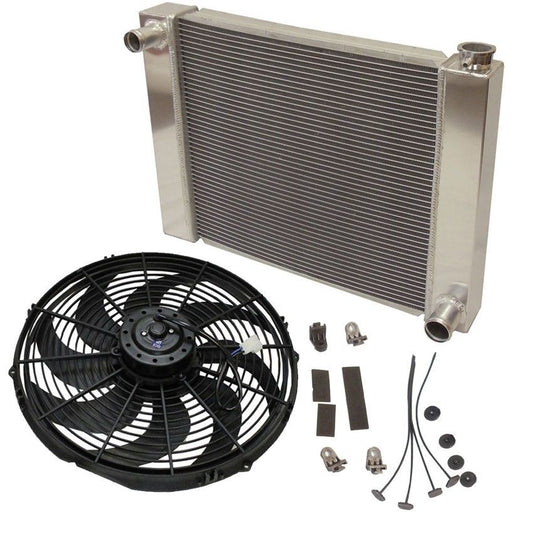 For SBC BBC Chevy GM Fabricated Aluminum Radiator 25" x 19" x 3" Overall With 16 Inch Electric Fan