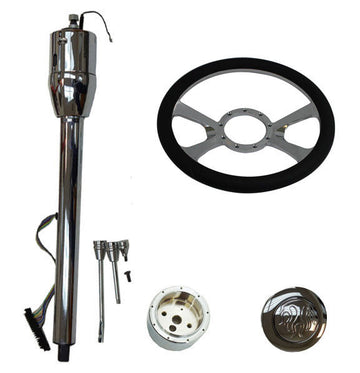 14" Chrome Billet Aluminum Steering Wheel and Manual Style Steering Column 28" GM No Key &Horn Button w/ Flame