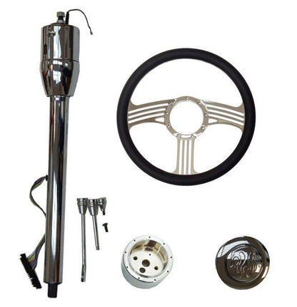 14" Blade Chrome Universal Style Steering Wheel and Manual Style Steering Column 28" GM No Key & Horn Button w/ Flame