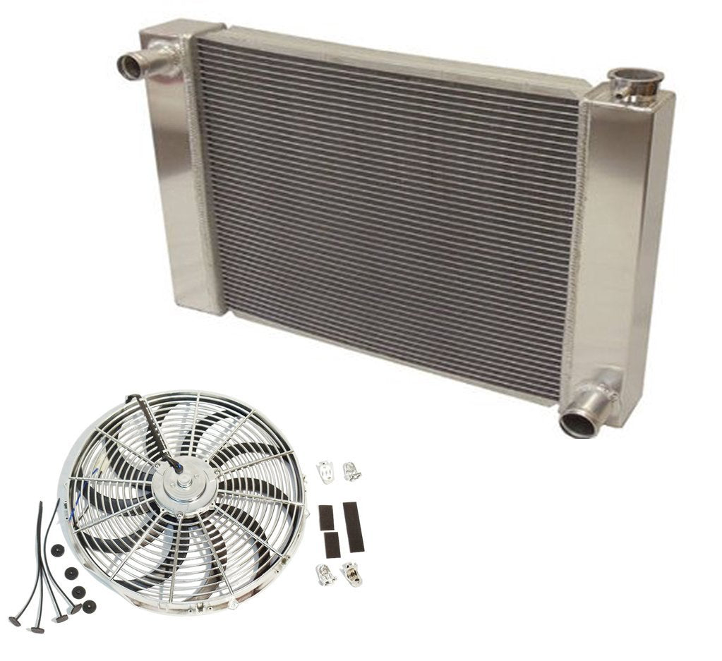 Fabricated Aluminum Radiator 30" x 19" x3" Overall For SBC BBC Chevy GM & Electric Curved S Blade 16" Chrome Radiator Cooling Fan