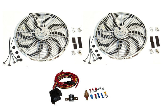 2 Sets of Chrome SUPER 12" Curved Blade Reversible Cooling Fan 12v 1400cfm with Heavy Duty Thermostat Kit
