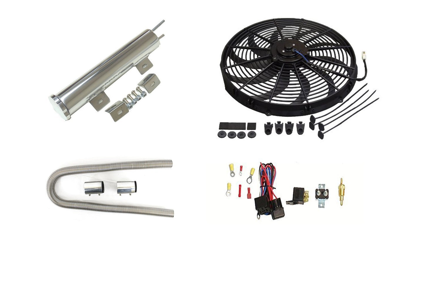Electric S Blade 16" Radiator Cooling Fan with Thermostat Relay Kit&3"X 10" Inch Radiator Overflow Tank&48" Radiator Hose