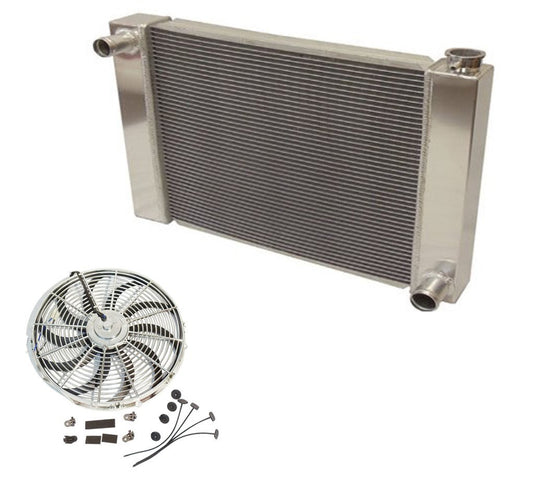Fabricated Aluminum Radiator 30" x 19" x3" Overall For SBC BBC Chevy GM & 14" Brand New Chrome Radiator electric Fan