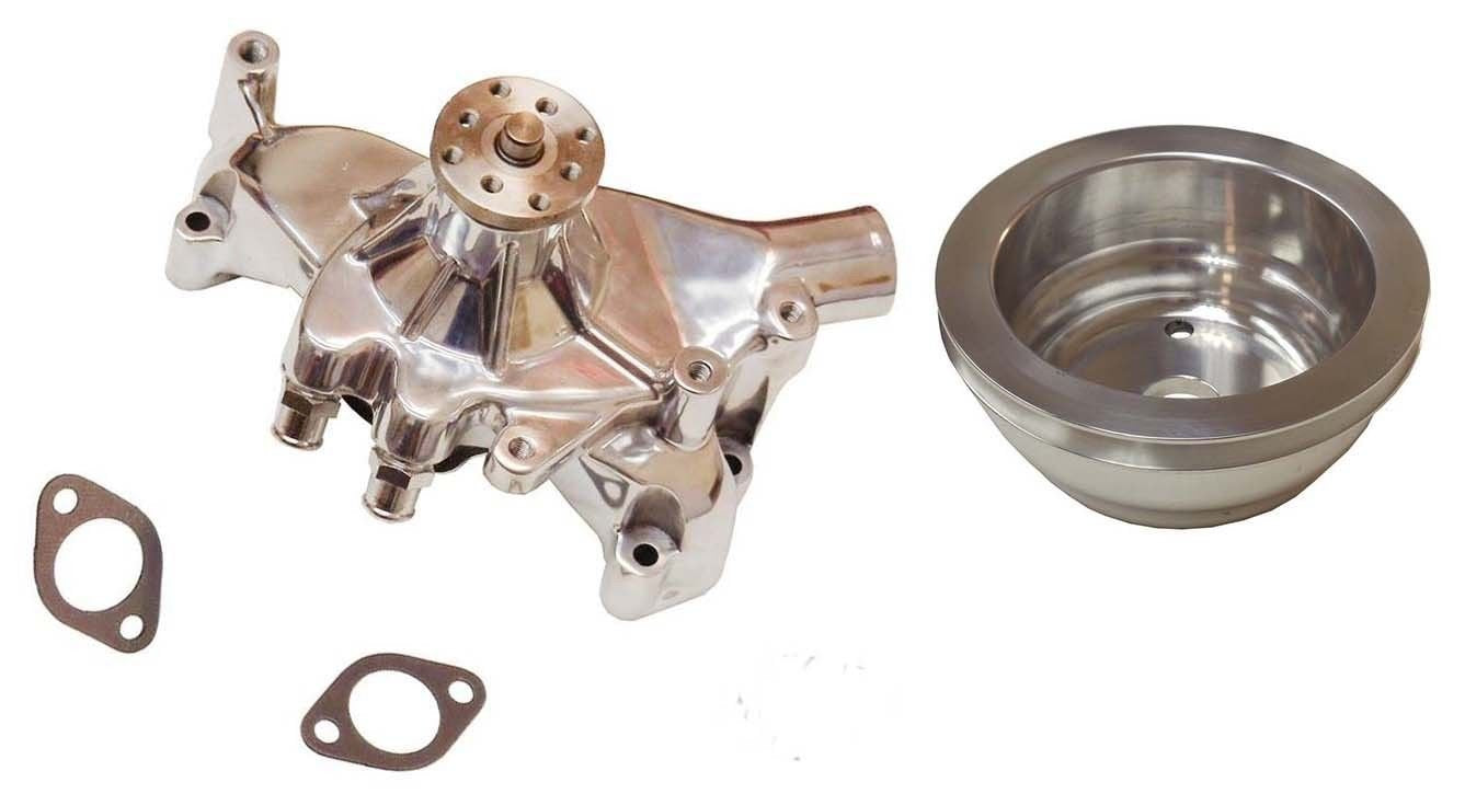 SBC Chevy Long Water Pump Chrome High Volume 350 383 Small Block Chevy & LWP Crank Pulley