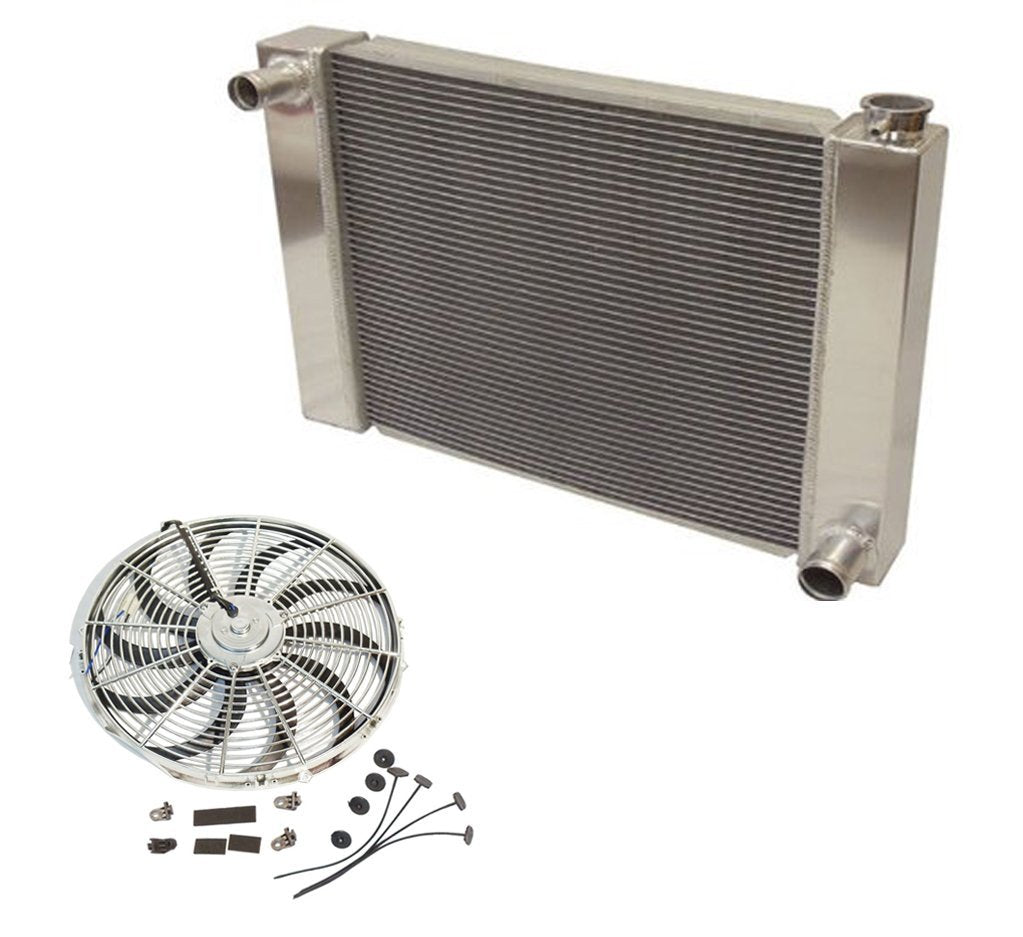 Fabricated Aluminum Radiator 30" x 19" x3" Overall For SBC BBC Chevy GM & Chrome 16" Heavy Duty Reversable Electric Cooling Fan