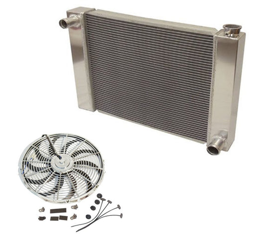 Fabricated Aluminum Radiator 30" x 19" x3" Overall For SBC BBC Chevy GM & Chrome 16" Heavy Duty Reversable Electric Cooling Fan