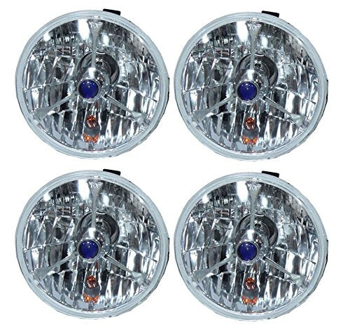 2 Pairs 5 3/4" Blue Dot Tri bar H4 Headlights With Turn Signal Push in Bulb lamps
