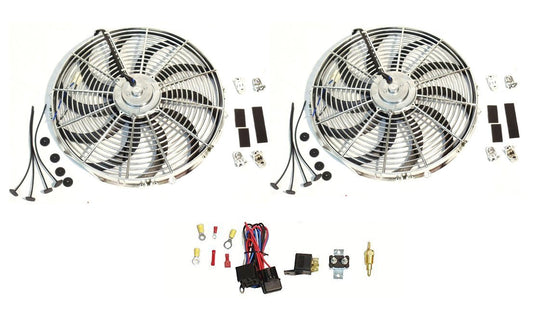 2 Sets of Chrome SUPER 12" Curved Blade Reversible Cooling Fan 12v 1400cfm with Thermostat Kit