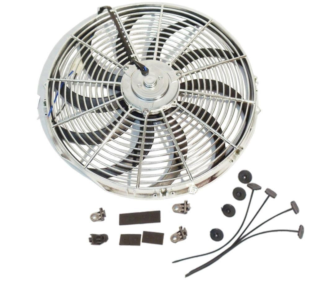 Chrome SUPER 14" Curved Blade Reversible Cooling Fan 12v 1900cfm &Thermostat Kit