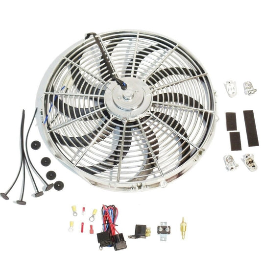 New Chrome 16" Reversable Electric Cooling Fan 2500cfm Thermostat Kit