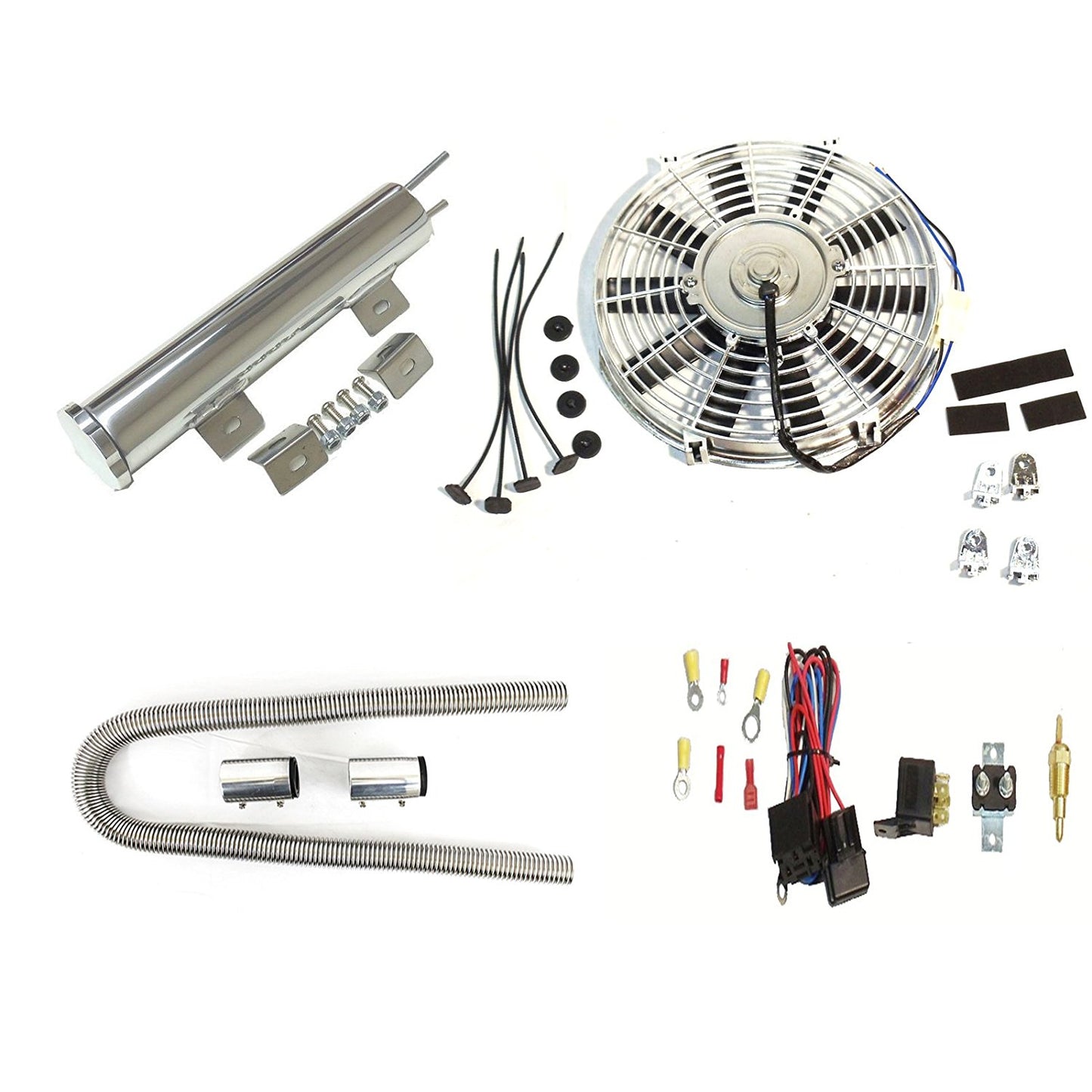 Chrome 16" Straight Blade Cooling Fan with Thermostat Relay Kit&3"X 10" Inch Radiator Overflow Tank&48" Radiator Hose