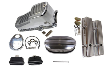 Polished Finned SBC SB Chevy Engine Dress Up Kit Tall 305 350 1979-1986 RH Stick