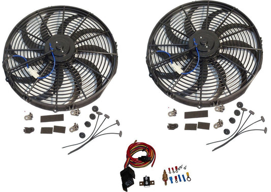 2 Sets of 16" Electric Curved "S" Blade Reversible Cooling Fan 12v 3000cfm & Heavy Duty Thermostat Kit