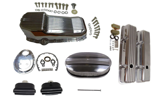 Polished Finned Small Block Chevy SBC Engine Dress Up Kit 283-350