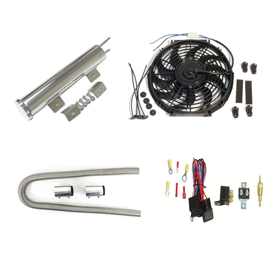 16" Radiator Cooling Fan with Thermostat Relay & 3"X 10" Overflow tank & 48" Chrome Hose Kit